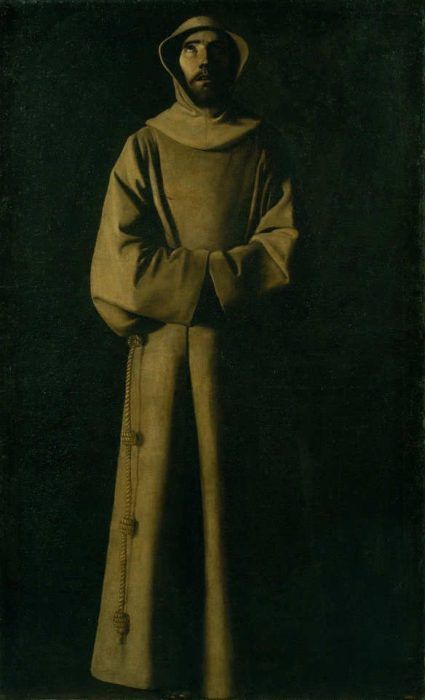 Francisco de Zurbarán, Der heilige Franziskus von Assisi nach der Vision von Papst Nikolaus V., um 1640, Öl auf Leinwand, 180,5 × 110,5 cm (Museu Nacional d’Art de Catalunya, Barcelona, Inv.-Nr. mnAC/mAC 11528)