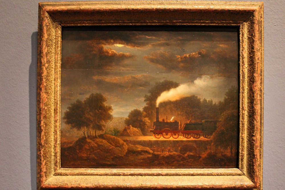 J. Baumhauer, Eisenbahn bei Nacht (Nächtliche Fahrt der ›Adler‹), 1838, Öl auf Holz, 26 x 32,5 cm, Foto: Alexandra Matzner © Letter Stiftung, Köln