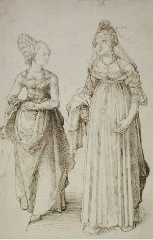 Albrecht Dürer, Nürnbergerin und Venezianerin, um 1495, Feder in dunklem Graubraun, Städel Museum, Frankfurt am Main, Foto: Städel Museum – ARTOTHEK, 24,5 x 15,9 cm