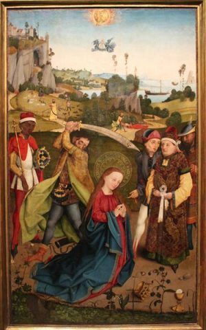 Hans Pleydenwurff und Werkstatt (Hans Schüchlin), Marter der heiligen Barbara, um 1465, Nadelholz, mit Leinwand kaschiert, auf Tischlerplatte übertragen, 146 x 85,5 cm, Prag, Národní galerie v Praze, Foto: Alexandra Matzner.