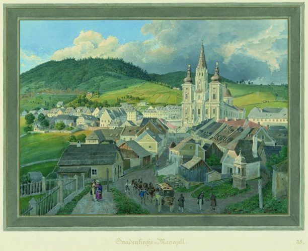 Eduard Gurk, Mahlerischen Reise von Wien nach Maria Zell, Blatt 35, Gnadenkirche Mariazell, 1833; Aquarell, 32,5 x 42,5 cm; Inv. Nr. KS-6536-35.