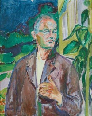 Edvard Munch, Selbstbildnis vor dem Haus / Self-portrait in front of the House Wall, 1926, Öl auf Leinwand / Oil on canvas, 91,5 x 73 cm, Oslo, Munch-museet, Photo © Munch Museum.