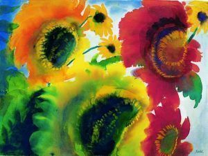 Emil Nolde, Rote und gelbe Sonnenblumen um 1920, Aquarell, 36,2 x 48 cm, Nolde Stiftung Seebüll © Nolde Stiftung Seebüll, 2013.