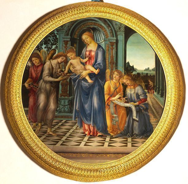 Filippino Lippi, Madonna und Kind mit dem hl. Johannes dem Täufer und Engeln („Tondo Corsini”), ca. 1481–1482, Sammlung Ente Cassa di Risparmio, Florenz.