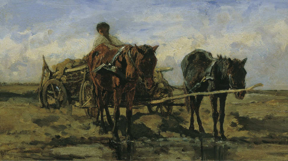 August von Pettenkofen, Ungarisches Bauernfuhrwerk am Wasser, 1870/80, 25 × 43 cm, Öl auf Holz © Belvedere, Wien.