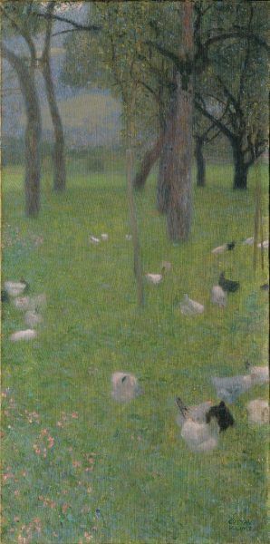 Gustav Klimt, Nach dem Regen (Garten mit Hühnern in St. Agatha), 1898, Öl auf Leinwand, 80 × 40cm © Belvedere, Wien.