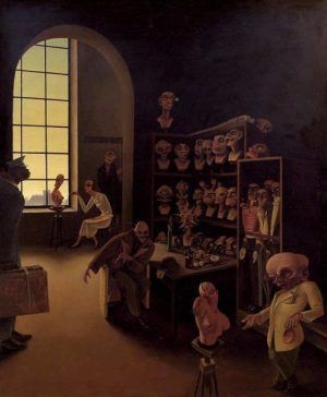 Franz Sedlacek, Beim Moulagenmacher, 1932, Öl auf Sperrholz, 72 x 60 cm (Privatsammlung, WV 77)