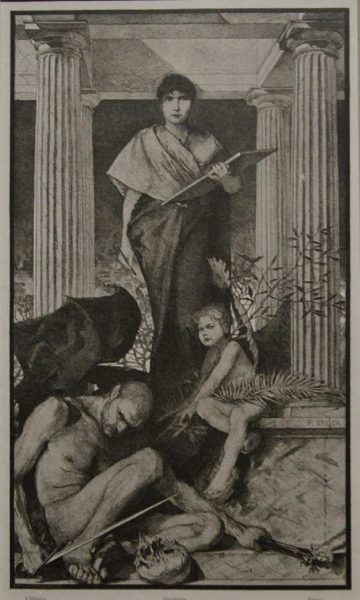 Franz von Stuck, Geschichte, aus: Allegorie und Embleme, Abtheilung I, Taf. 55a, 1882–1884, Druck, 39,5 x 30,9 cm (Privatsammlung)