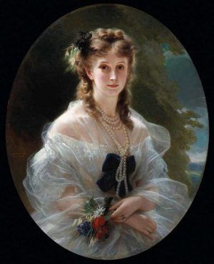 Franz Xaver Winterhalter, Die Herzogin von Morny, 1863, Öl auf Leinwand, 94 x 73 cm (oval), signiert und datiert links „frWinterhalter/Paris 1863“ (Attribué au Louvre par l’Office des Biens et Intérêts Privés, en dépôt aux musées nationaux du palais de Compiègne, inv. M.N.R. 235, Photo © RMN-Grand Palais (domaine de Compiègne) / Michel Urtado)