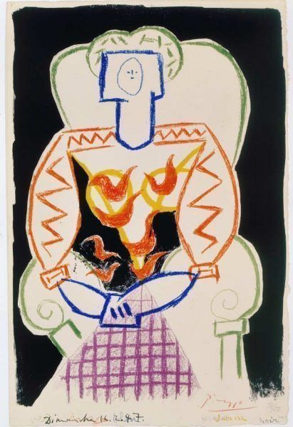 Pablo Picasso, Femme au fauteuil IV (Pismo)/Frau auf dem Stuhl IV (Pismo), 1947, Radierung (Grabstichel) auf Pergament (Sammlung Coninx, Zürich)