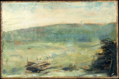 Georges Seurat, Landschaft bei Saint-Ouen, 1878 oder 1879, Öl auf Holz, 16.8 x 25.4 cm (Metropolitan Museum of Art, New York, Gift of Bernice Richard, 1980, Inv.-Nr. 1980.342)