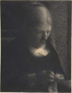 Georges Seurat, Sticken: Porträt der Mutter, 1882/83, Conté Kreide auf Michallet Papier, 31.2 x 24.1 cm (Metropolitan Museum of Art, New York, Purchase, Joseph Pulitzer Bequest, 1951; acquired from The Museum of Modern Art, Lillie P. Bliss Collection, 1958, Inv.-Nr. 55.21.1)