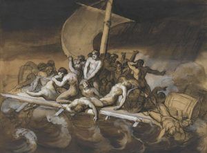 Thédore Géricault, Scène du cannibalisme sur le radeau de la Méduse, 1818–1919, Schwarzer Stift, braune Tusche, weiße Gouache, 28 cm x 38 cm Musée du Louvre, Paris bpk | RMN - Grand Palais | Michel Urtado.