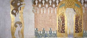 Gustav Klimt, Beethovenfries: Die Künste führen in ein ideales Reich hinüber & Diesen Kuss der ganzen Welt, 1901-1902, Gesamtmaße 2,15 m x 34,14 m, Mischtechnik, Belvedere, Wien / Leihgabe in der Secession, Wien © BDA.