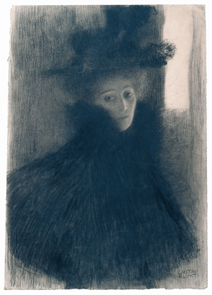 Gustav Klimt, Bildnis einer Dame mit Cape und Hut im Dreiviertelprofil, Schwarze und rote Kreide, 1897-98 © Albertina, Wien.