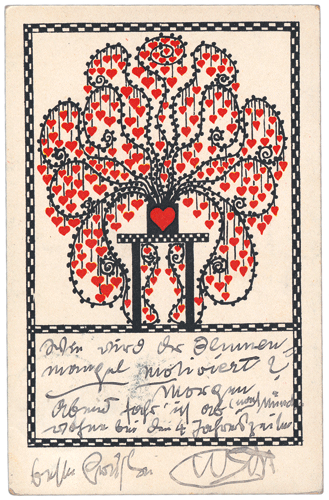 Postkarte der Wiener Werkstätte von Gustav Klimt in Wien an Emilie Flöge am Attersee, 07.07.1908, Farbdruck, schwarze Tinte auf Papier, 14,1 x 9 cm, Privatbesitz.
