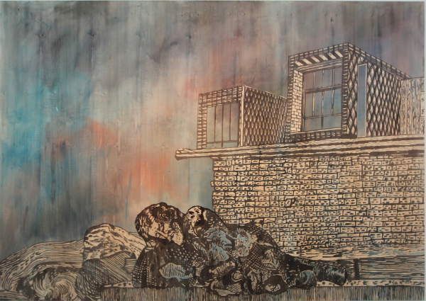 Hans Weigand, Boulevard of broken dreams, 2013, Mischtechnik auf Holz (Druckstock) / Mixed media on wood (printing block), 250 x 170 cm.