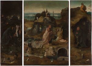 Hieronymus Bosch, Eremiten-Triptychon, um 1495–1505, Öl auf Eichenholz, linker Flügel 85,4 x 29,2 cm; Mitteltafel 85,7 x 60 cm; rechter Flügel 85,7 x 28,9 cm (Gallerie dell’Accademia, Venedig)