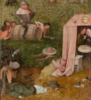 Hieronymus Bosch, Völlerei und Lust (Fragment von Das Narrenschiff), Öl auf Eichenholz, 34,9 x 30,6 cm (Yale University Art Gallery, Gift of Hannah D. and Louis M. Rabinovitz, New Haven, Inv.-Nr. 1959.15.22)