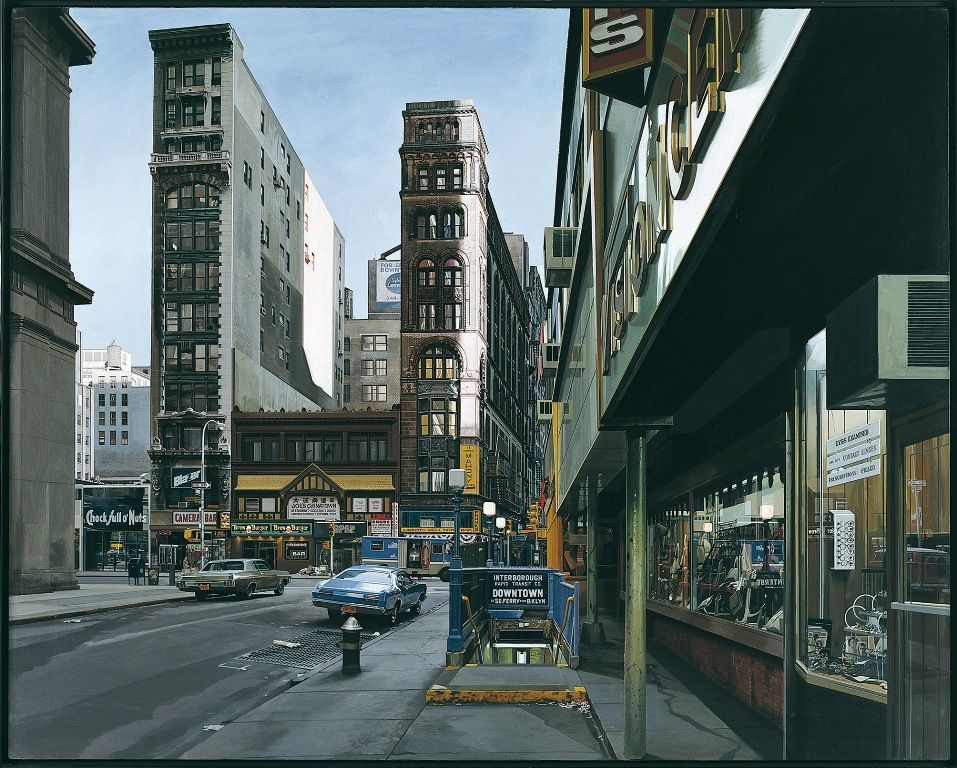 Richard Estes, Downtown, 1969, Öl auf Leinwand, 122 x 152 cm, Sammlung MUMOK, Foto MUMOK © Richard Estes.