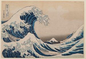 Katsushika Hokusai, Kanagawa Oki Nami, Fugaku sanjûrokkei, um 1831, Die große Welle vor der Küste bei Kanagawa, Aus der Serie: Sechsunddreißig Ansichten des Berges Fuji, Mehrfarbiger Holzschnitt (nishiki-e), 25,2 x 37,6 cm (ôban), Privatsammlung © Foto: Museum Folkwang.
