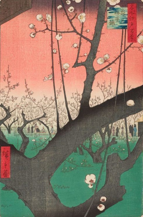 Utagawa Hiroshige, Meisho Edo hyakkei, 1857, Der Pflaumengarten von Kameido, Kameido Umeyashiki aus der Serie Hundert berühmte Ansichten von Edo, Mehrfarbiger Holzschnitt (nishiki-e), 34 x 22,5 cm (ôban), Privatsammlung © Foto: Museum Folkwang