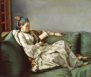 Jean-Etienne Liotard, Lesende Frau auf einem Sofa, 1748–1752, Öl auf Leinwand, 50 x 60 cm, Galleria degli Uffizi, Florence, Photo Gabinetto Fotografico dell'Ex Soprintendenza Speciale per il Patrimonio Storico, Artistico ed Etnoantropologico e per il Polo Museale della cittá di Firenze.