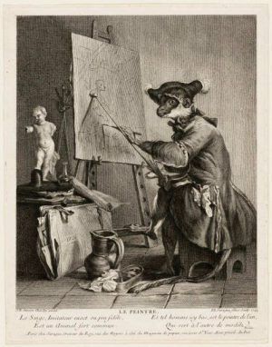 Pierre-Louis de Surugue nach Jean Baptiste Siméon Chardin, Der Affe als Maler, 1743, Kupferstich, 27,7 x 22,8 cm (Art Institute of Chicago, Charles Greene Fund, 1958.551)
