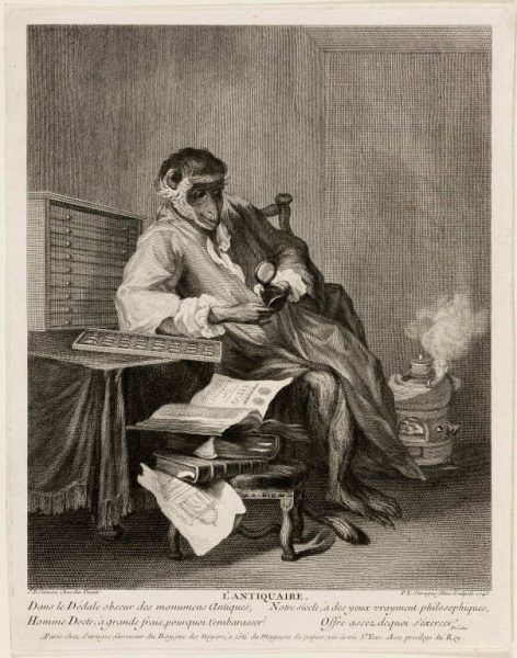 Pierre-Louis de Surugue nach Jean Baptiste Siméon Chardin, Der Affe als Antiquar, 1743, Kupferstich, 27,6 x 22,8 cm (Art Institute of Chicago, Charles Greene Fund, 1958.552)