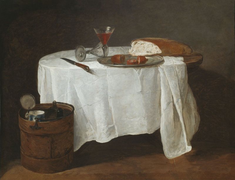 Jean Siméon Chardin, Das weiße Tischtuch, um 1732, Öl auf Leinwand, 96.8 x 123.5 cm (The Art Institute of Chicago, Mr. and Mrs. Lewis Larned Coburn Memorial Collection, 1944.699)
