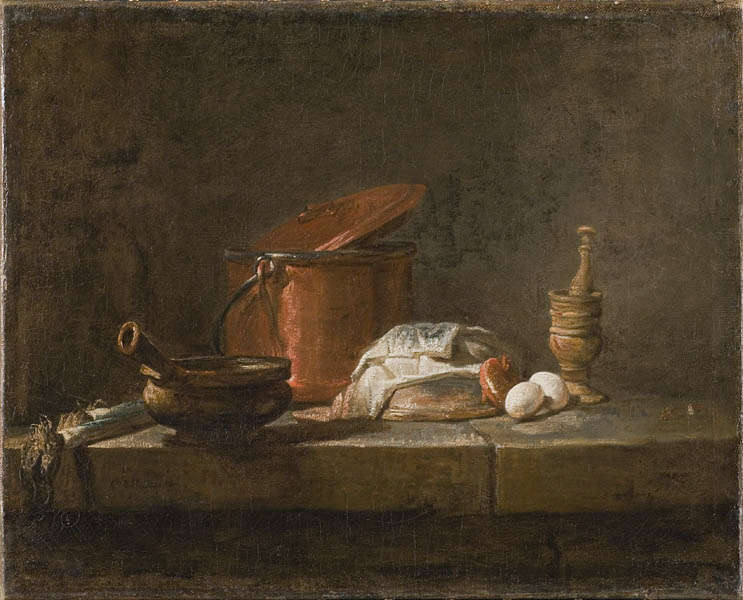 Jean Siméon Chardin, Stillleben mit Küchenutensilien und Gemüse, 33 x 48 cm (Nationalmuseums, Stockholm, NM 7029)