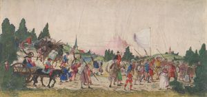 Albrecht Altdorfer, Der Triumphzug Kaiser Maximilians, Der Tross, um 1512-1515, Feder in Braun, Aquarell und Deckfarben, Goldhöhungen, auf Pergament © Albertina, Wien.