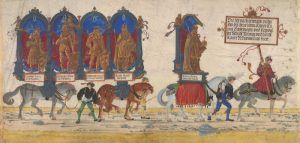 Albrecht Altdorfer, Der Triumphzug Kaiser Maximilians, Vorfahren Kaiser Maximilians (Blatt 80), um 1512-1515, Feder in Braun, Aquarell und Deckfarben, Goldhöhungen, auf Pergament © Albertina, Wien.