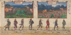Albrecht Altdorfer, Der Triumphzug Kaiser Maximilians, Der Schweizer Krieg und der neapolitanische Krieg (Blatt 64), um 1512-1515, Feder in Braun, Aquarell und Deckfarben, Goldhöhungen, auf Pergament © Albertina, Wien.