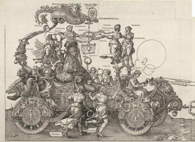 Albrecht Dürer, Der große Triumphwagen, Detail Kaiser Maximilian im Wagen, Holzschnitt, 1. Ausgabe, 1520-1522 © Albertina, Wien.