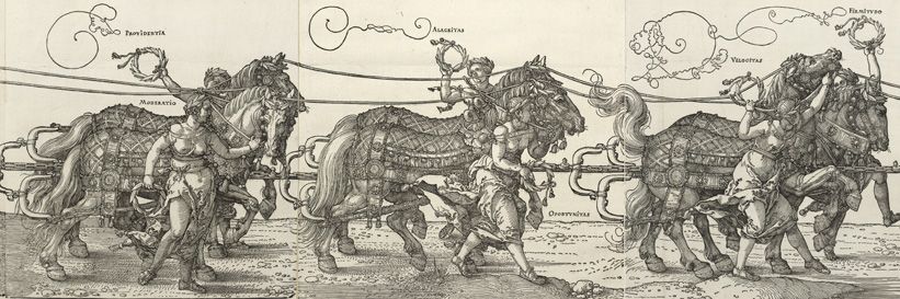 Albrecht Dürer, Der große Triumphwagen, Detail Pferde, Holzschnitt, 1. Ausgabe, 1520-1522 © Albertina, Wien.