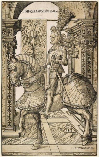 Hans Burgkmair der Ältere, Kaiser Maximilian zu Pferd, 1518 (Albertina, Wien).
