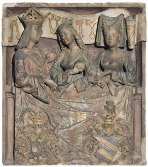 Kolorierter Abguss eines Reliefs vom Goldenen Dachl: Maximilian mit seinen Gemahlinnen Bianca Maria Sforza und Maria von Burgund Abguss © Innsbruck, Tiroler Landesmuseen Ferdinandeum.