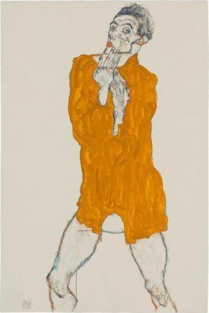 Egon Schiele, Selbstbildnis, 1914, Bleistift, Gouache in Orange, Grün, Blau, Rot, Schwarz, Blatt: 48,5 x 32 cm, Staatsgalerie Stuttgart, Graphische Sammlung.