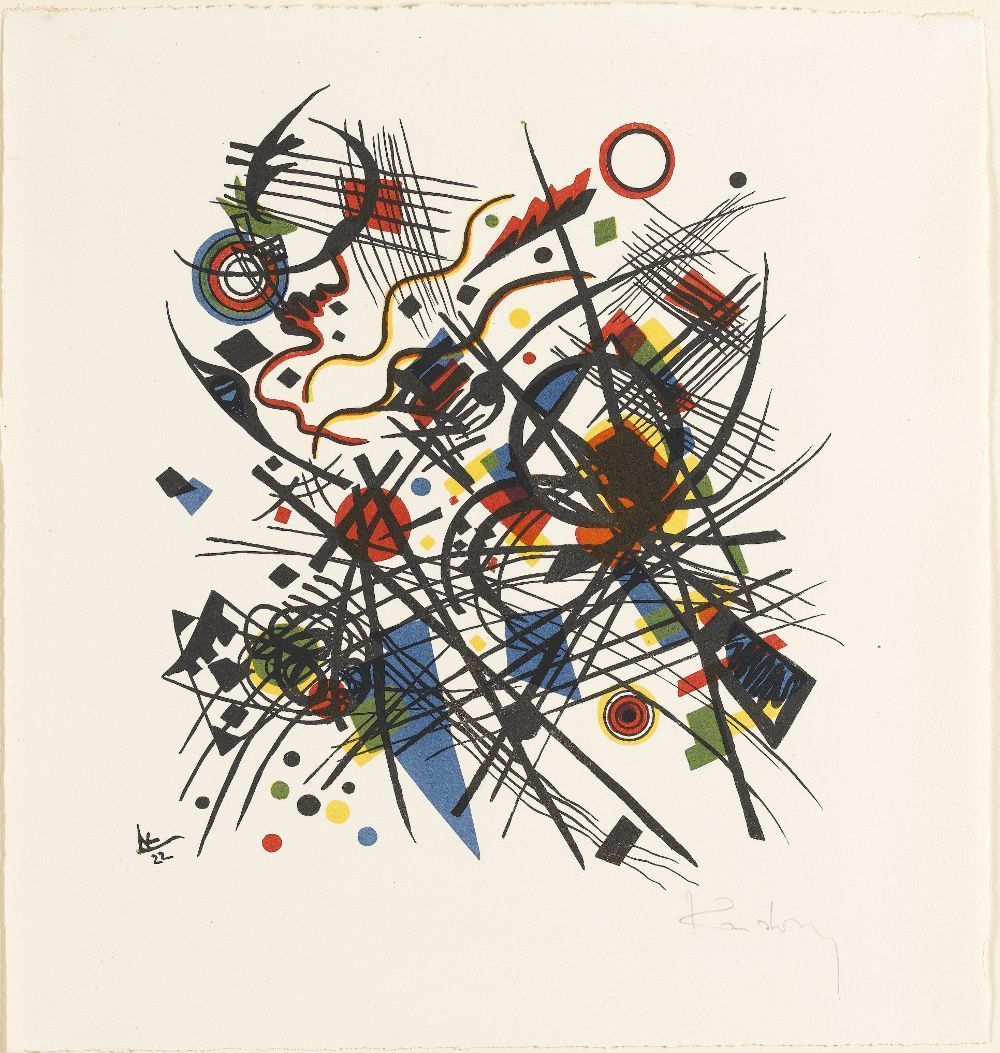 Wassily Kandinsky, Komposition, 1922, in: "Bauhaus-Drucke, eue Europäische Graphik", 4. Mappe, 1923, Blatt 8, Farblithografie, Staatsgalerie Stuttgart.