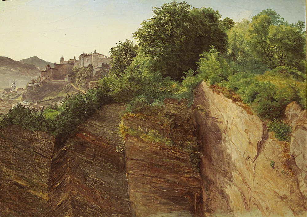Friedrich Loos, Blick vom Mönchsberg auf die Festung Hohensalzburg, 1826–1835, Öl auf Karton, 30 × 40,5 cm (Belvedere, Wien, Inv.-Nr. 3181)