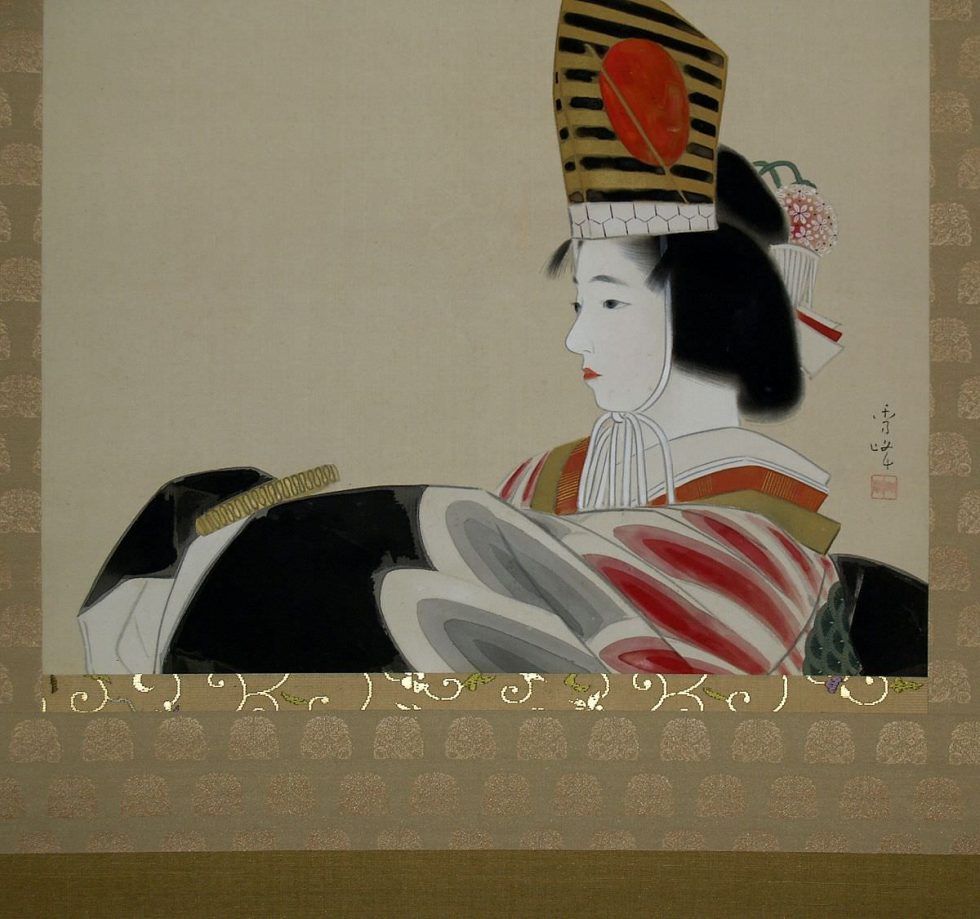 Rollbild von Yamakawa Shuhō (Kyoto 1898–1944 Kyoto), Feierlicher Sanbasō-Tanz eines Mädchens (Sammlung Genzō Hattori), Foto: Alexandra Matzner.