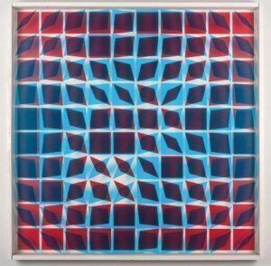 Helga Philipp, Kinetisches Objekt, 1966–1968, Folie, Glas, Siebdruck, Holz 115 × 115 cm, Nachlass Helga Philipp und Galerie Hubert Winter, Wien, Foto: © David Auner.