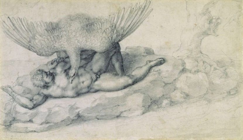 Michelangelo, Die Bestrafung des Tityos (Recto), 1532, Schwarze Kreide, The Royal Collection © 2009, Her Majesty Queen Elizabeth II.
