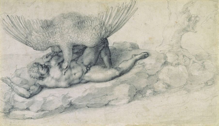 Michelangelo, Die Bestrafung des Tityos (Recto), 1532, Schwarze Kreide, The Royal Collection © 2009, Her Majesty Queen Elizabeth II.