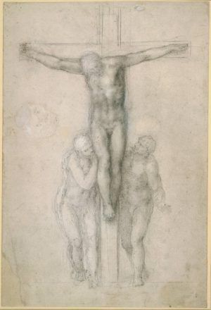 Michelangelo, Christus am Kreuz mit Maria und dem heiligen Johannes, 1555-1564, Stift in Schwarz, Weiß gehöht (oxidiert) © The British Museum, London.