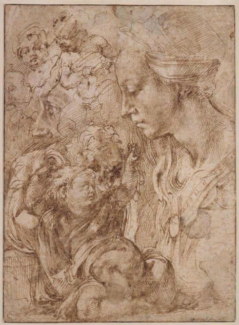 Michelangelo, Brustbild einer Madonna im Profil, das auf einem Kissen liegende Christuskind und andere Studien, 1503-04, Feder in Braun (© Staatliche Museen, Kupferstichkabinett, Berlin).