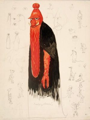 Richard Teschner (1879–1948), Der Rote, Entwurf für eine Stabfigur, 1913, Deckfarben und Bleistift auf Karton © Österreichisches Theatermuseum.