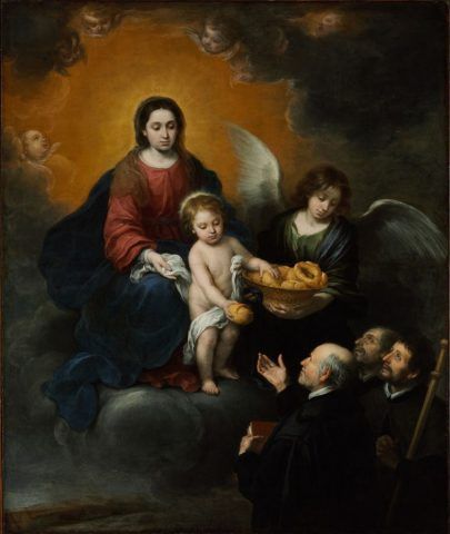 Bartolomé Esteban Murillo, Madonna und Kind verteilen Brot an die Priester, 1679, Oil on canvas, 219 x 182 cm, Szépmüvészeti Museum, Budapest.