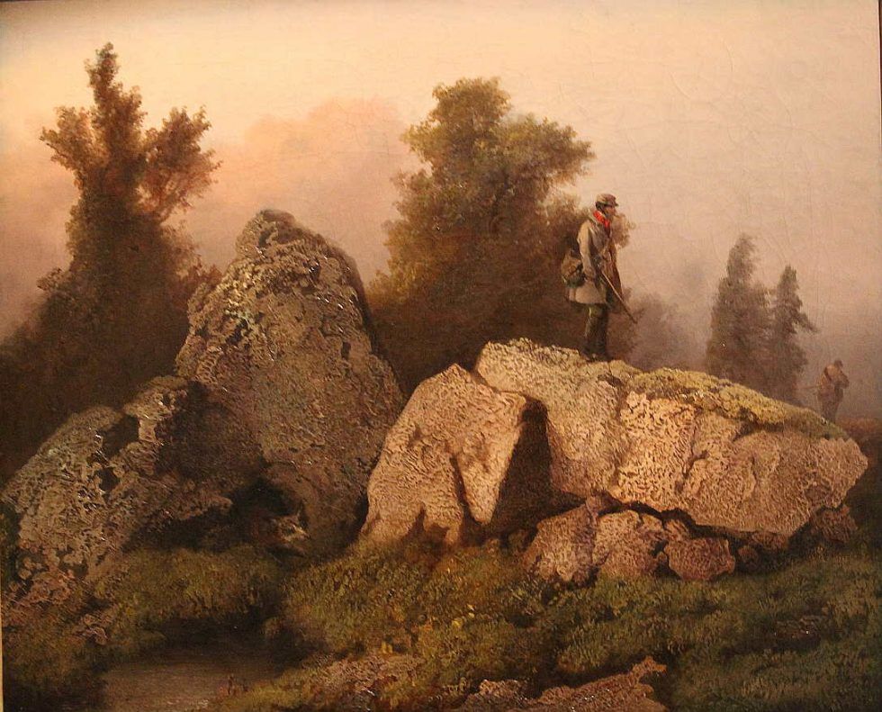 Josef Navrátil, Fuchsjagd, 1850–1853, Öl auf Leinwand, 45 × 55 cm, Unbezeichnet (Národní galerie v Praze/Nationalgalerie Prag, Inv.-Nr. O 10219)